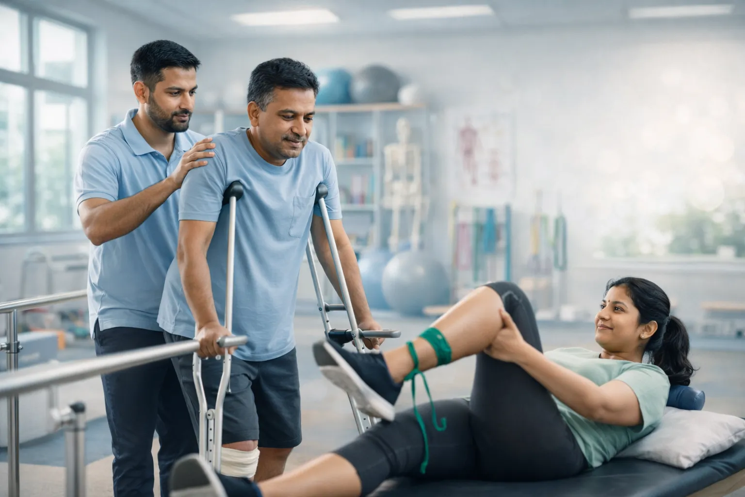 Patient measuring joint angle progression with an orthopedic physical therapist at SPARC Physio